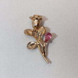 Vintage Avon Golden Rose and Pink Rhinestone Bud Pin